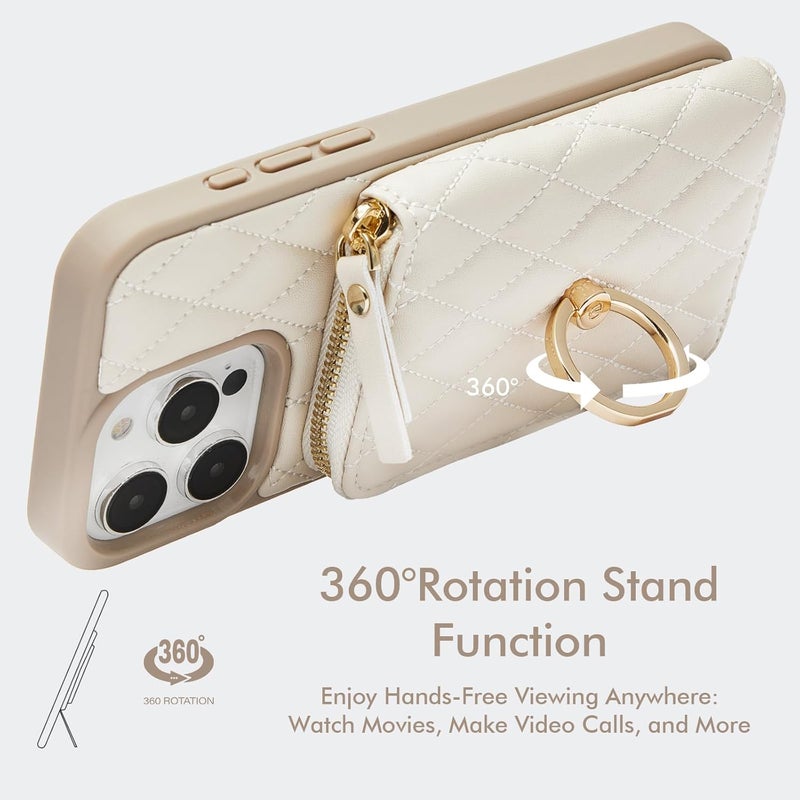 ZVE Wallet Case for iPhone 16 Pro Max with Card Holder, Ring Stand Crossbody Zipper Wallet Lanyard Case for iPhone 16 Pro Max 6.9 Inch-Beige - Image 5